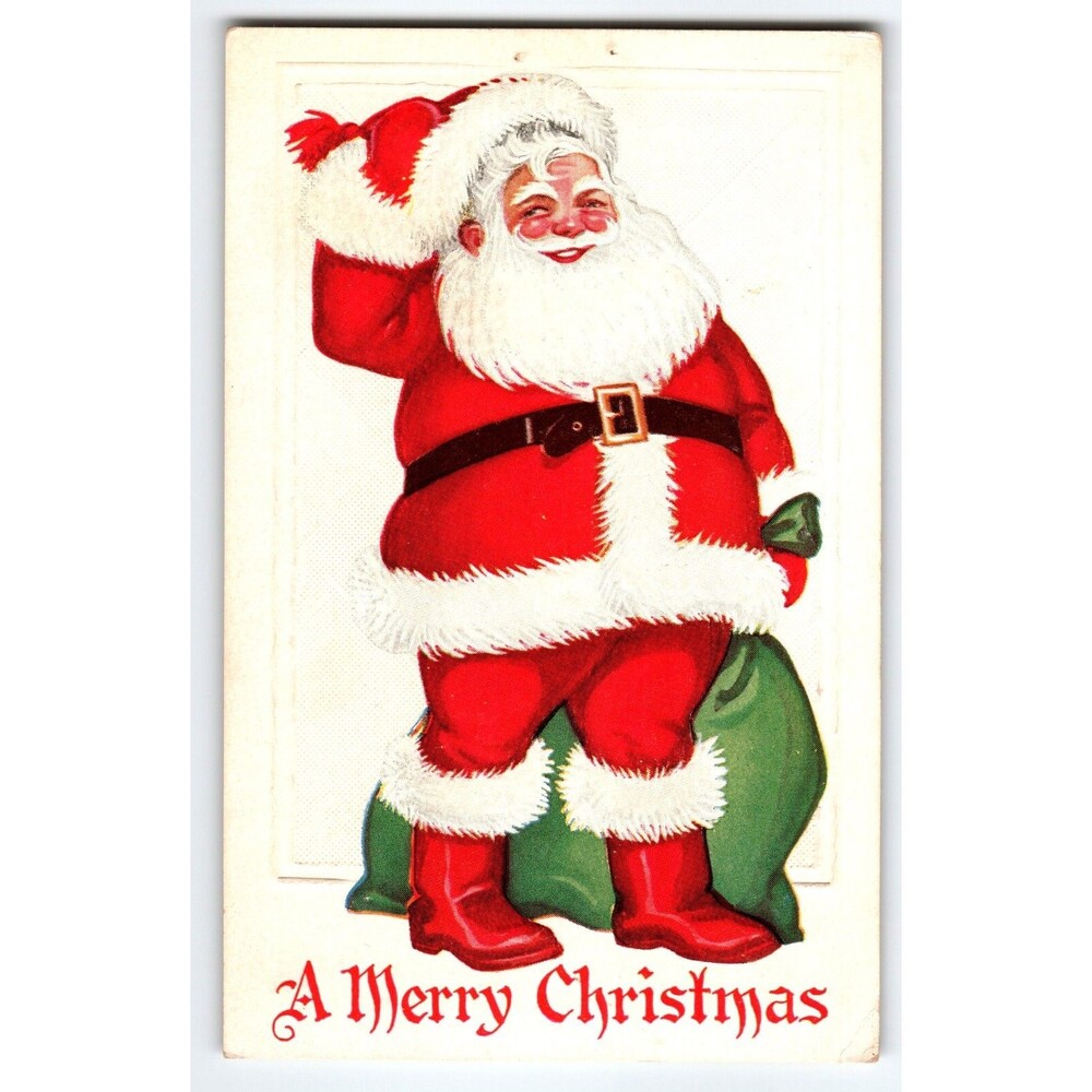 Santa Claus Christmas Postcard 1910's Vintage Embossed Merry Holiday Greetings